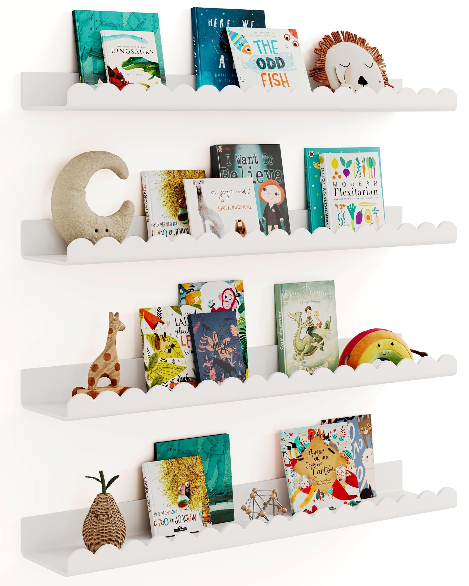 G&W Gruwald 4 Pack White 23 Inches Acrylic Book Shelf for Kids Room, Floating Kids Book Shelves for Wall, Nursery Book Shelves, 