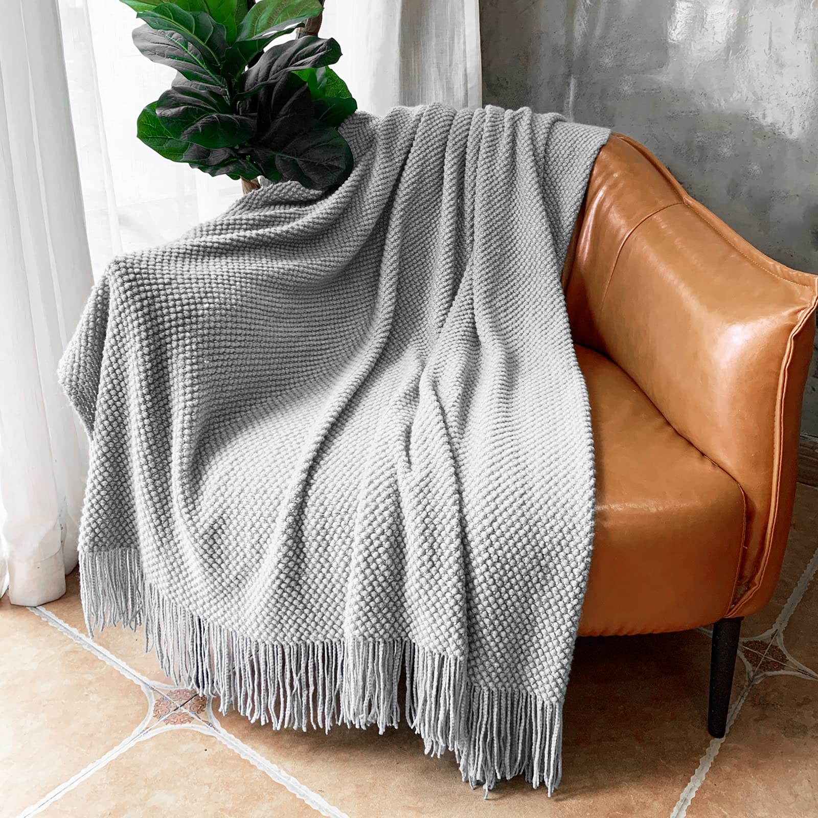 Lomao Knitted Throw Blanket With Tassels Bubble Textured Lightweight Throws For Couch Cover Home Decor (Light Grey, 60X80)