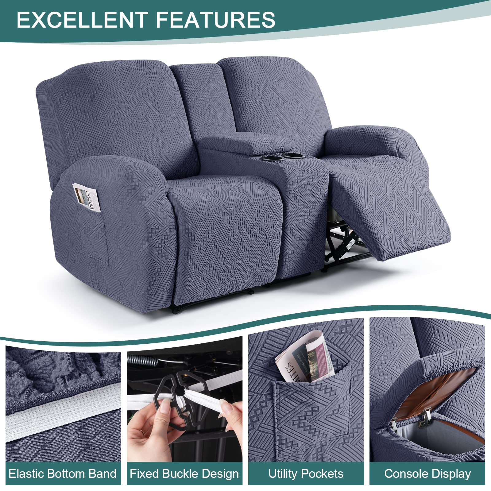 Ruaozz Stretch Loveseat Recliner Covers With Console 4-Pieces Recliner Sofa Covers With Pockets Jacquard Reclining Couch Covers