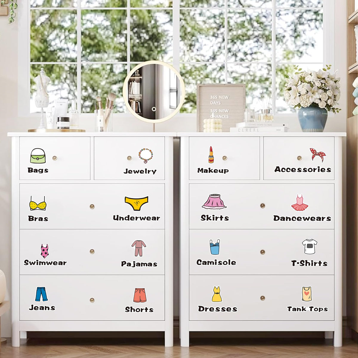 Fssqii 5 Sheets (31 Icons) Dresser Clothing Organization Icon Decals for Bedroom Closet Vinyl Jackets Shirts Pants Pajamas Under