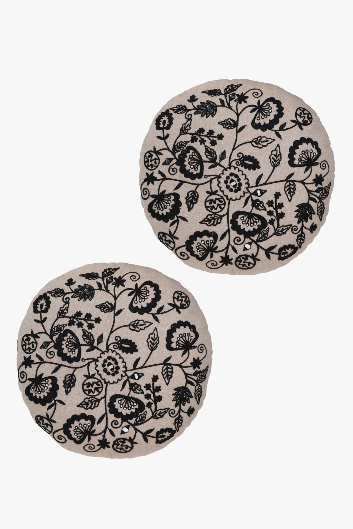 Mezposh Beige & Black Floral Embroidered Chambray Canvas Cushion Covers (16 Inch Dia) Set Of 2