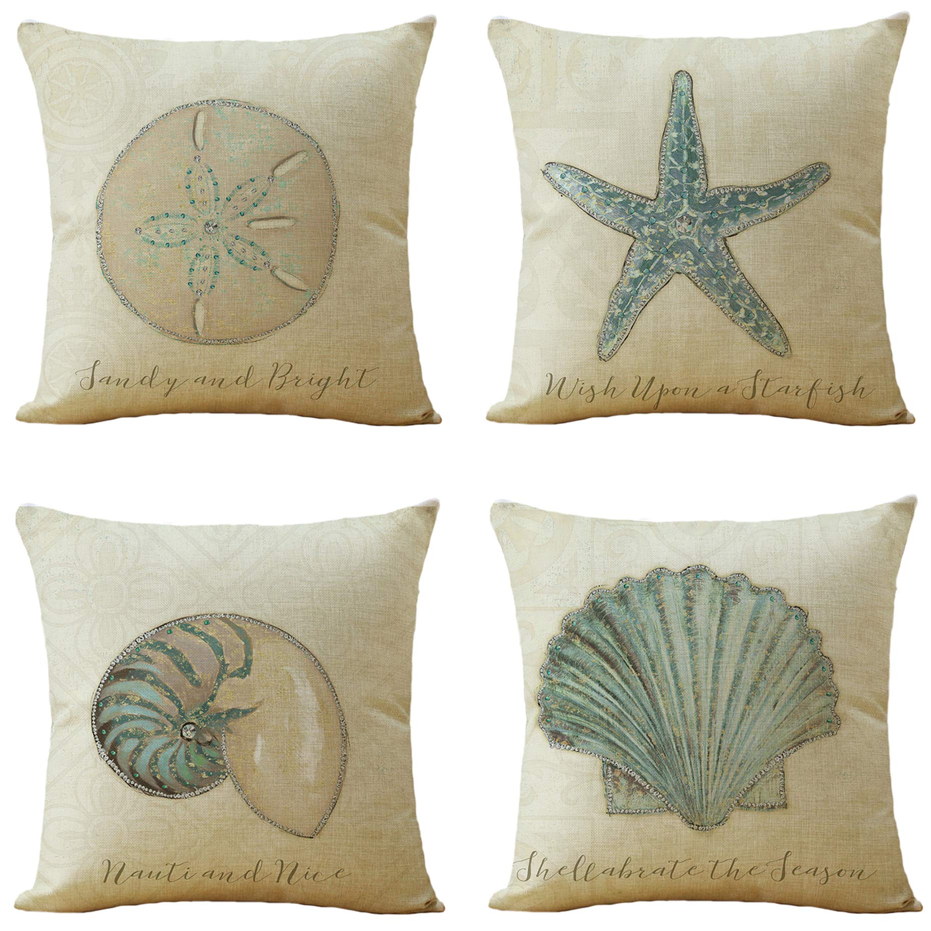 Womhope Set Of 4 Throw Pillow Covers Vintage Coastal Nautical Beach Shell Pillow Cases Square Cushion Cases Burlap Toss 18 X 18