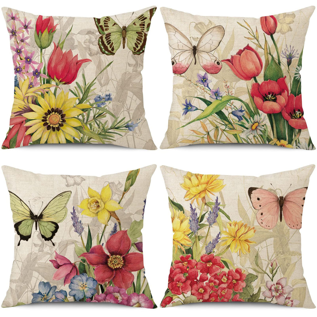 Wyooxoo Throw Pillow Covers 20X20 Set Of 4 Decorative Spring Pillow Covers Linen Flower Butterfly Farmhouse Pillowcases For Sofa