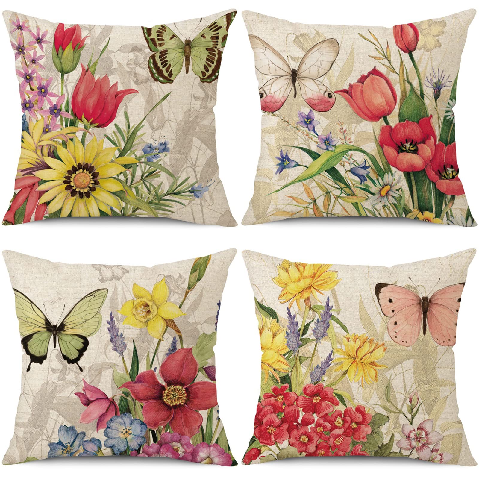 Wyooxoo Throw Pillow Covers 20X20 Set Of 4 Decorative Spring Pillow Covers Linen Flower Butterfly Farmhouse Pillowcases For Sofa
