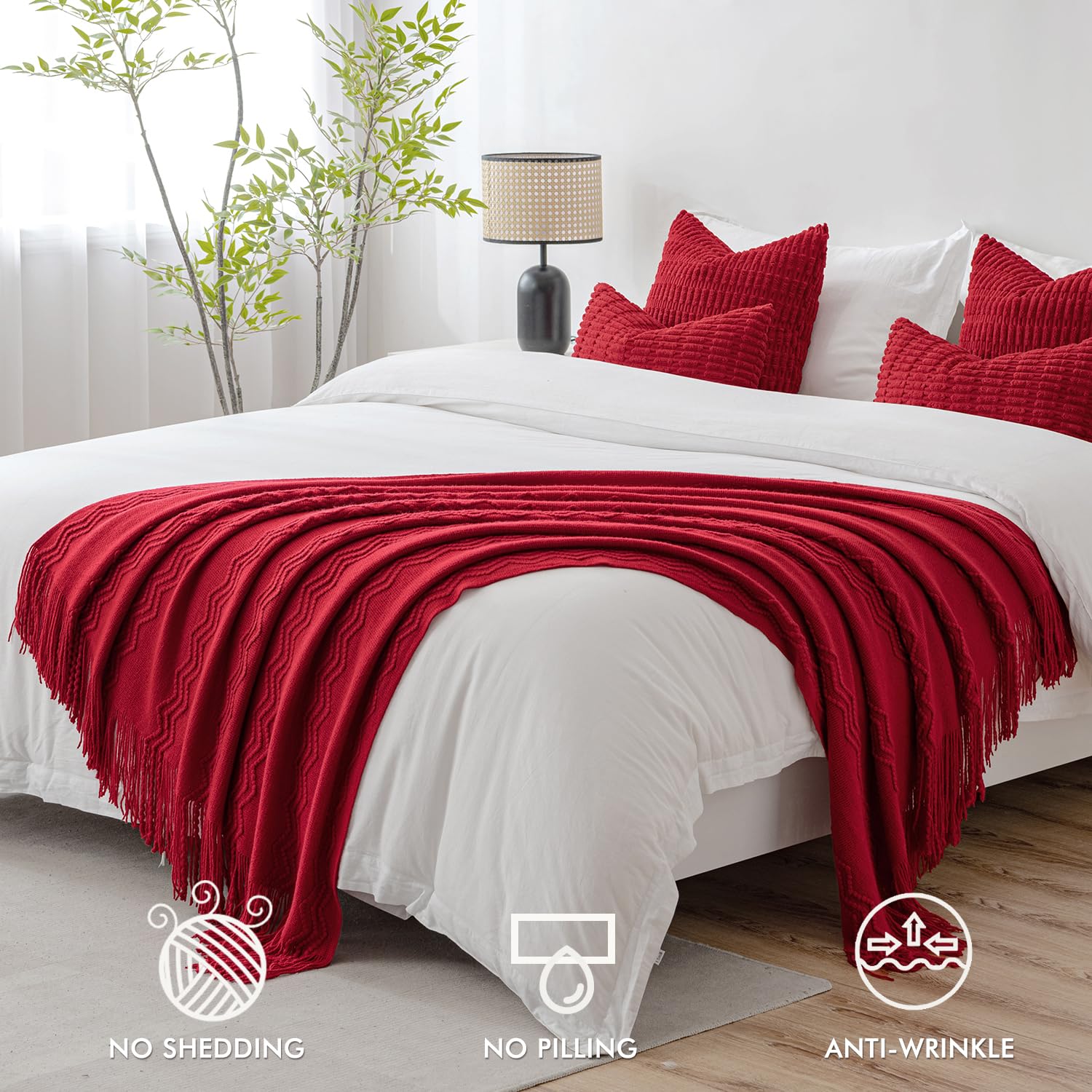 Miulee Christmas Burgundy Red Knitted Throw Blanket For Couch Textured Knit Blanket With Tassels Cozy Woven Boho Bed Blanket For Sofa Bed Chair Acrylic Wave Pattern Decor 60'X80'