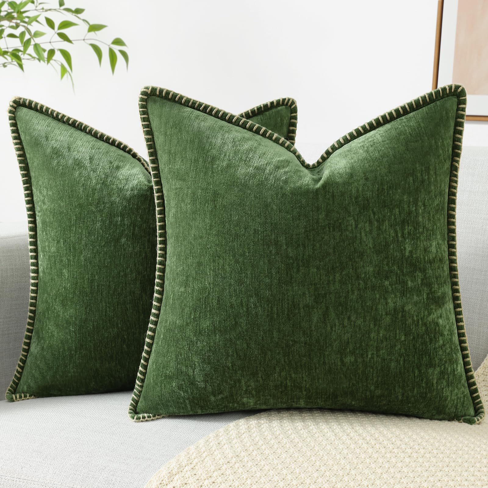 Decoruhome Chenille Soft Throw Pillow Covers 18X18 Set Of 2, Farmhouse Velvet Pillow Covers, Decorative Square Pillow Covers With Stitched Edge For Couch Sofa Bed, Forest Elf