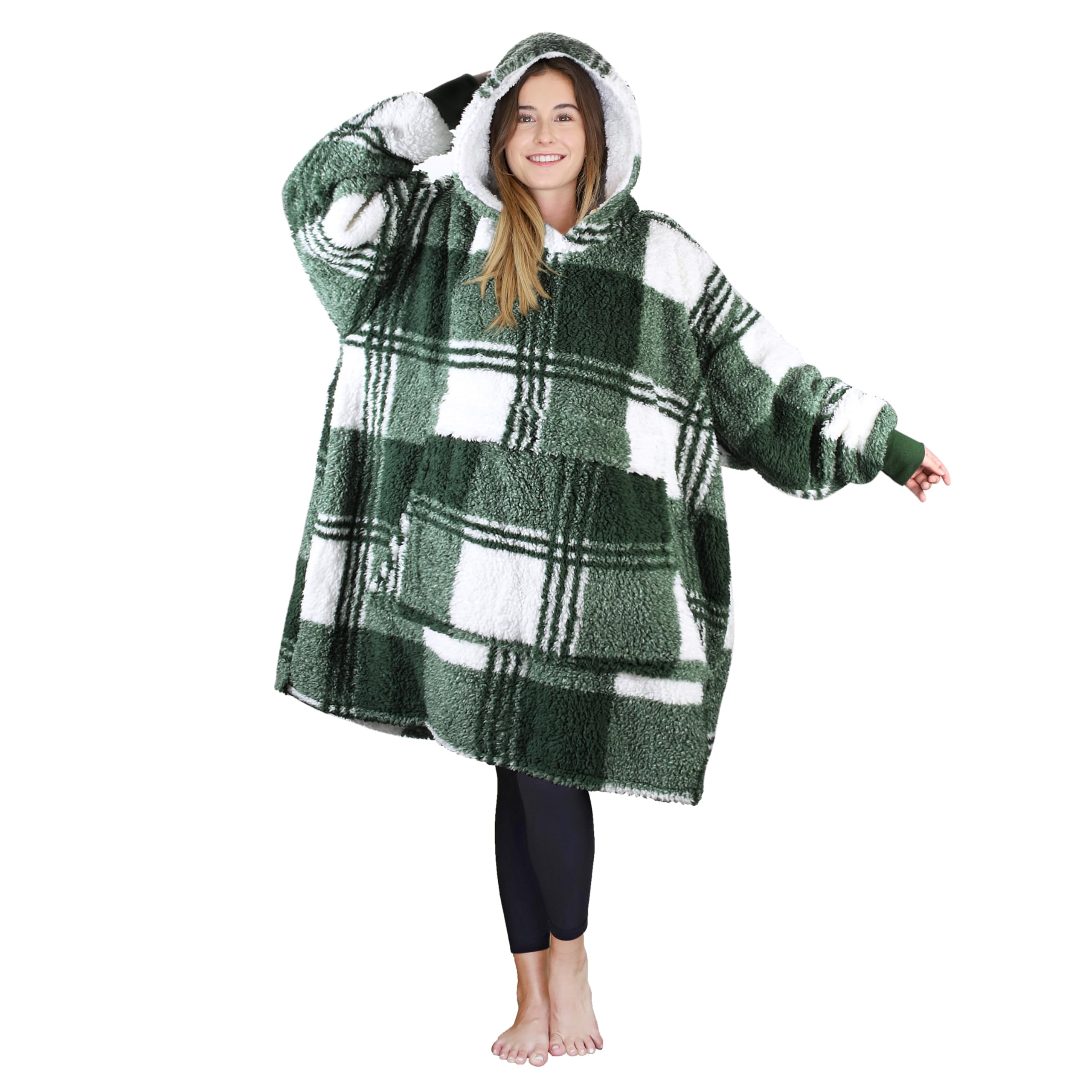 Tirrinia Green Plaid Oversized Hoodie Blanket Sweatshirt Comfortable Sherpa Giant Hoodies Reversible Gift For Womens