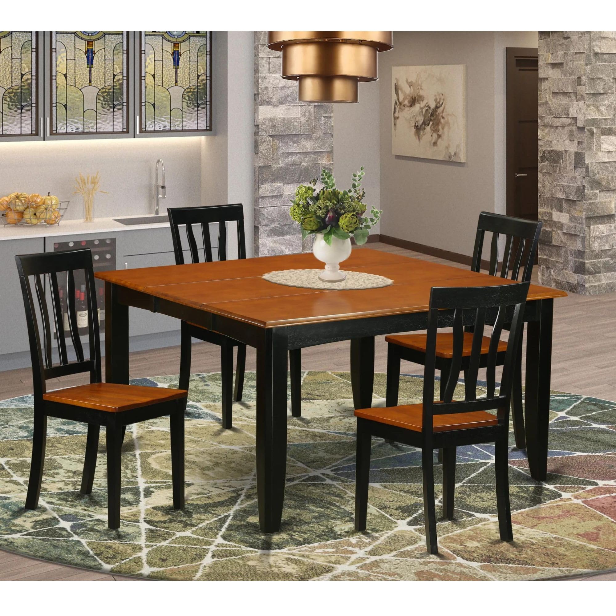 East West Furniture PFAN5-BCH-W 5 Piece Modern Dining Table Set Includes a Square Wooden Table with Butterfly Leaf and 4 Dining Room Chairs, 54x54 Inch, Black & Cherry