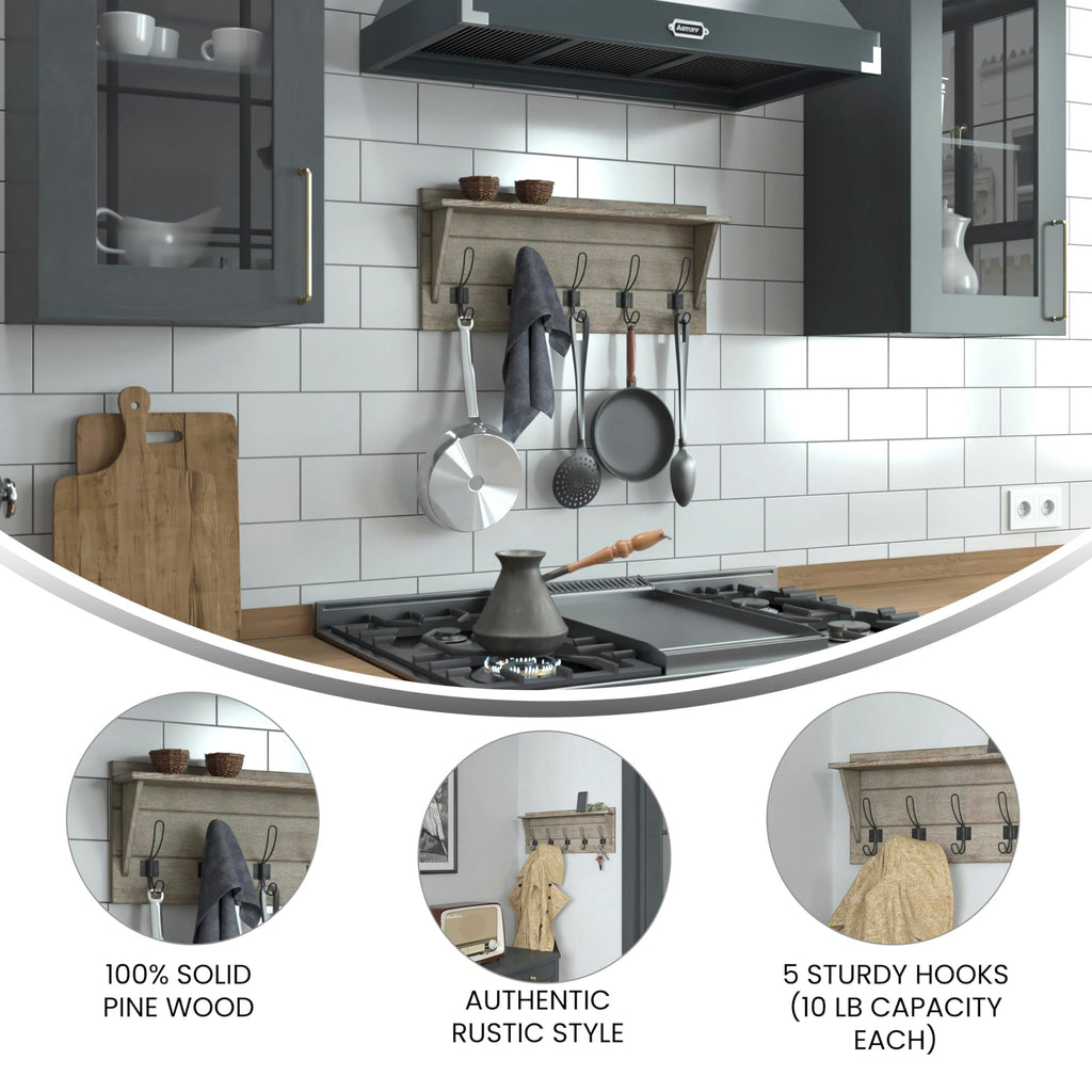 Flash Furniture Daly Wall Mounted Storage Rack - Weathered Solid Pine Wood - 24 Inch - Upper Shelf and 5 Hooks - For Entryway, Kitchen, Bathroom