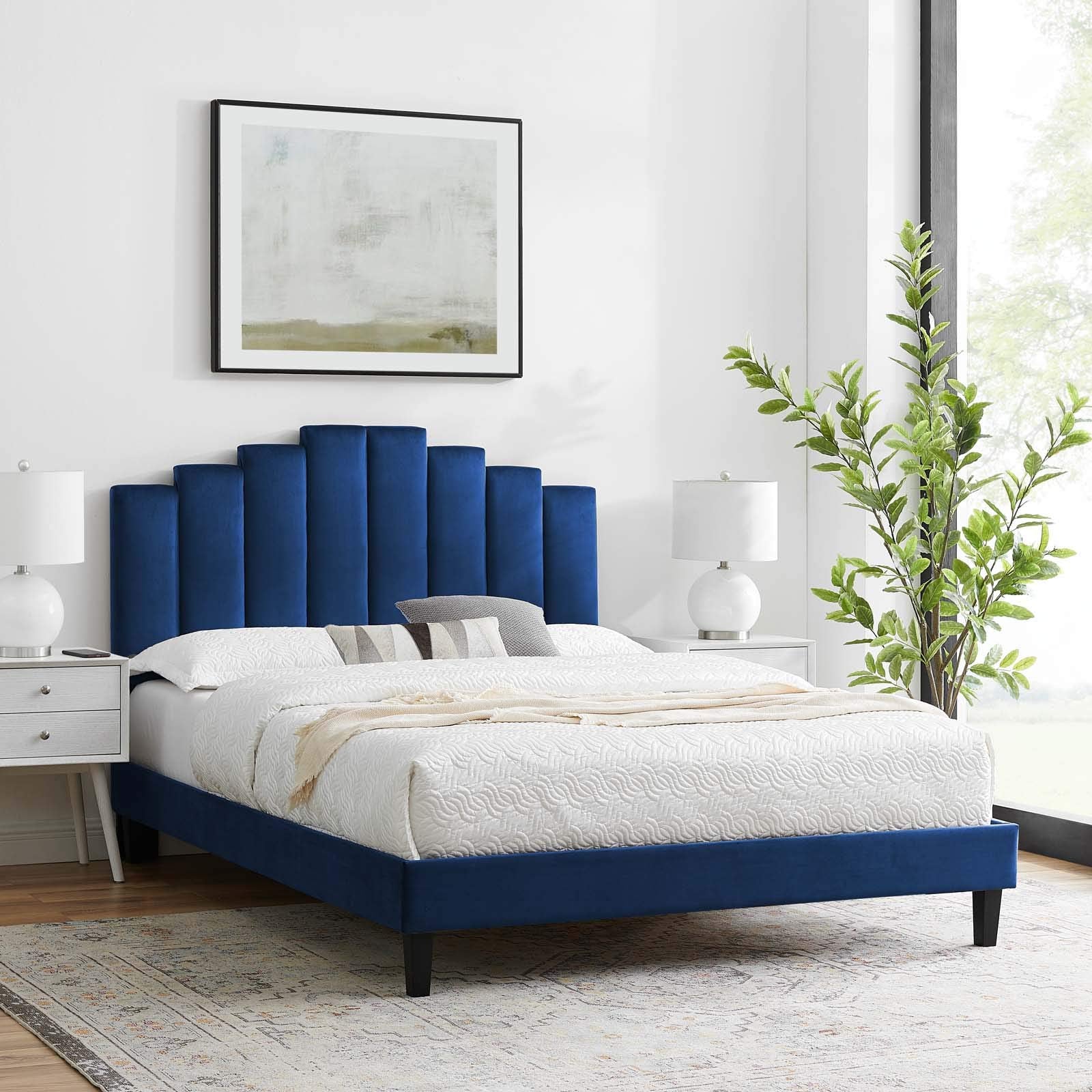 Modway Elise Channel Tufted Performance Velvet Full Platform Bed In Navy With Black Wood Legs