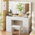 VOWNER Vanity with Lighted Mirror - Makeup Vanity Desk with Glass Top, 7 Drawers and Power Outlet, 3 Color Lighting Modes Adjust