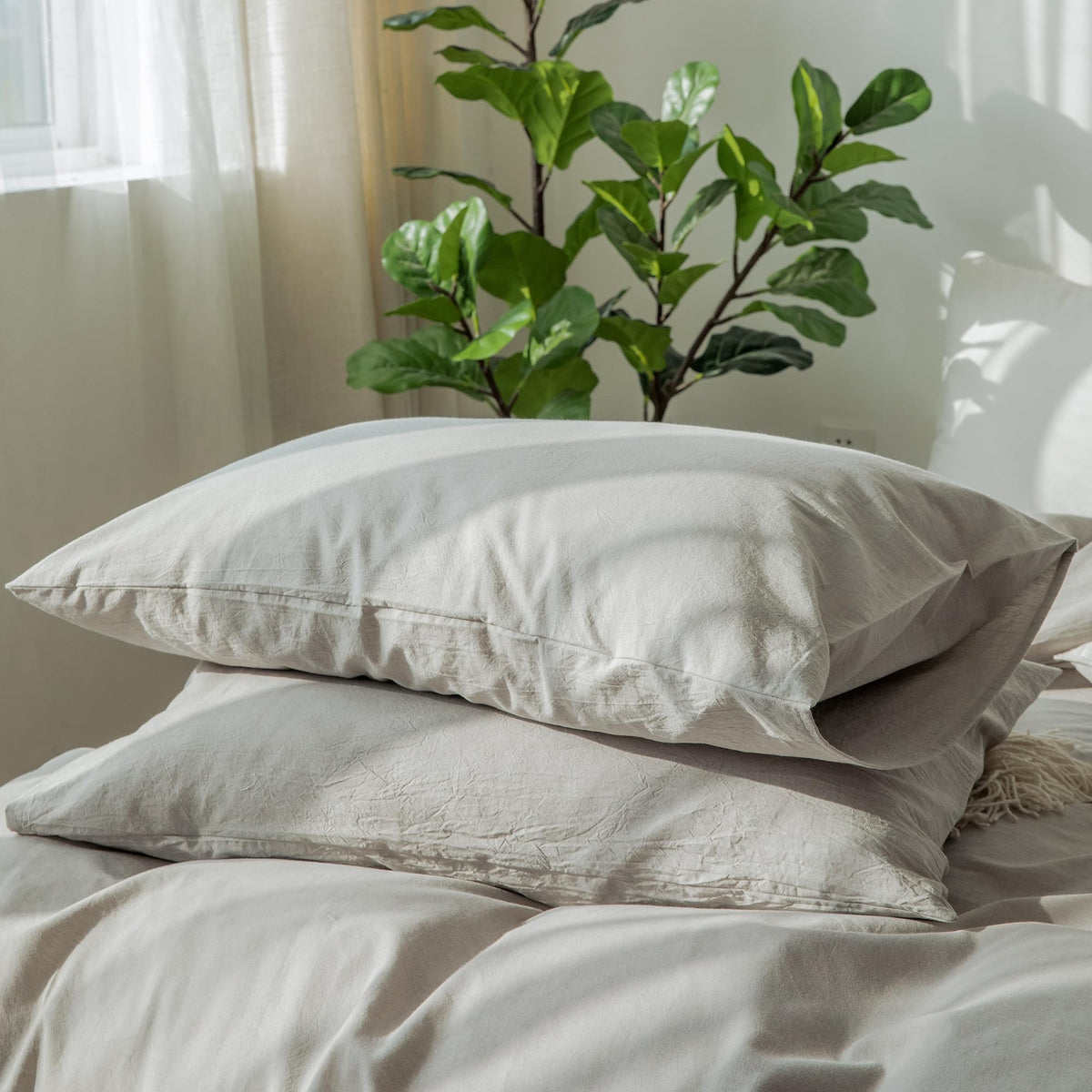 Moomee Bedding Pillowcases Pack Of 2 100% Washed Cotton Linen Like Textured Breathable Durable Soft Comfy (Pastel Grey, King)