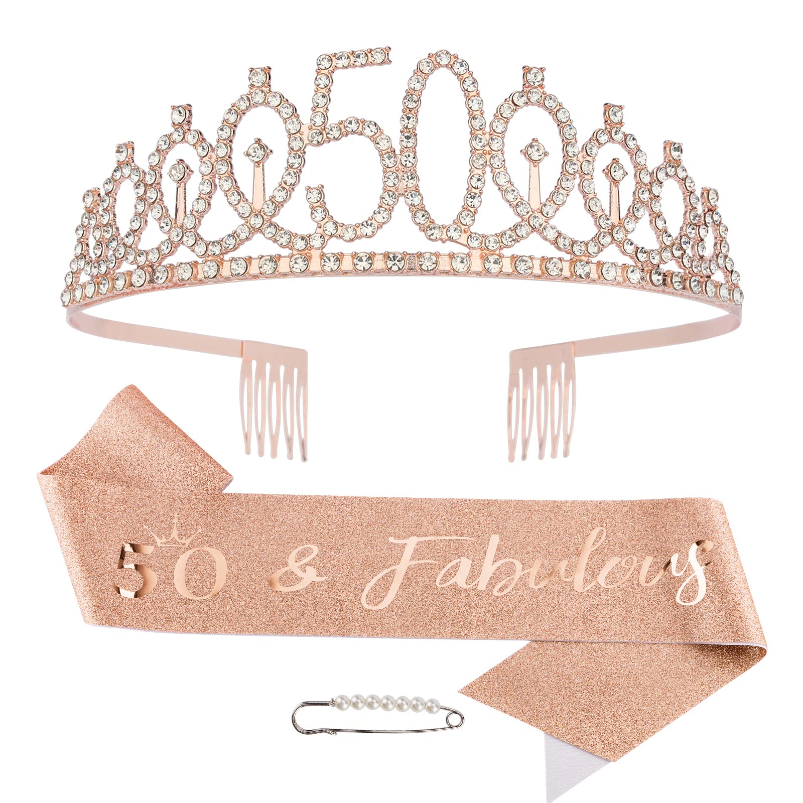 Vovii 50th Birthday Sash and Tiara for Women, 50th Birthday Decorations Women, Tiaras for Women, Rose Gold Queen Crown for Women