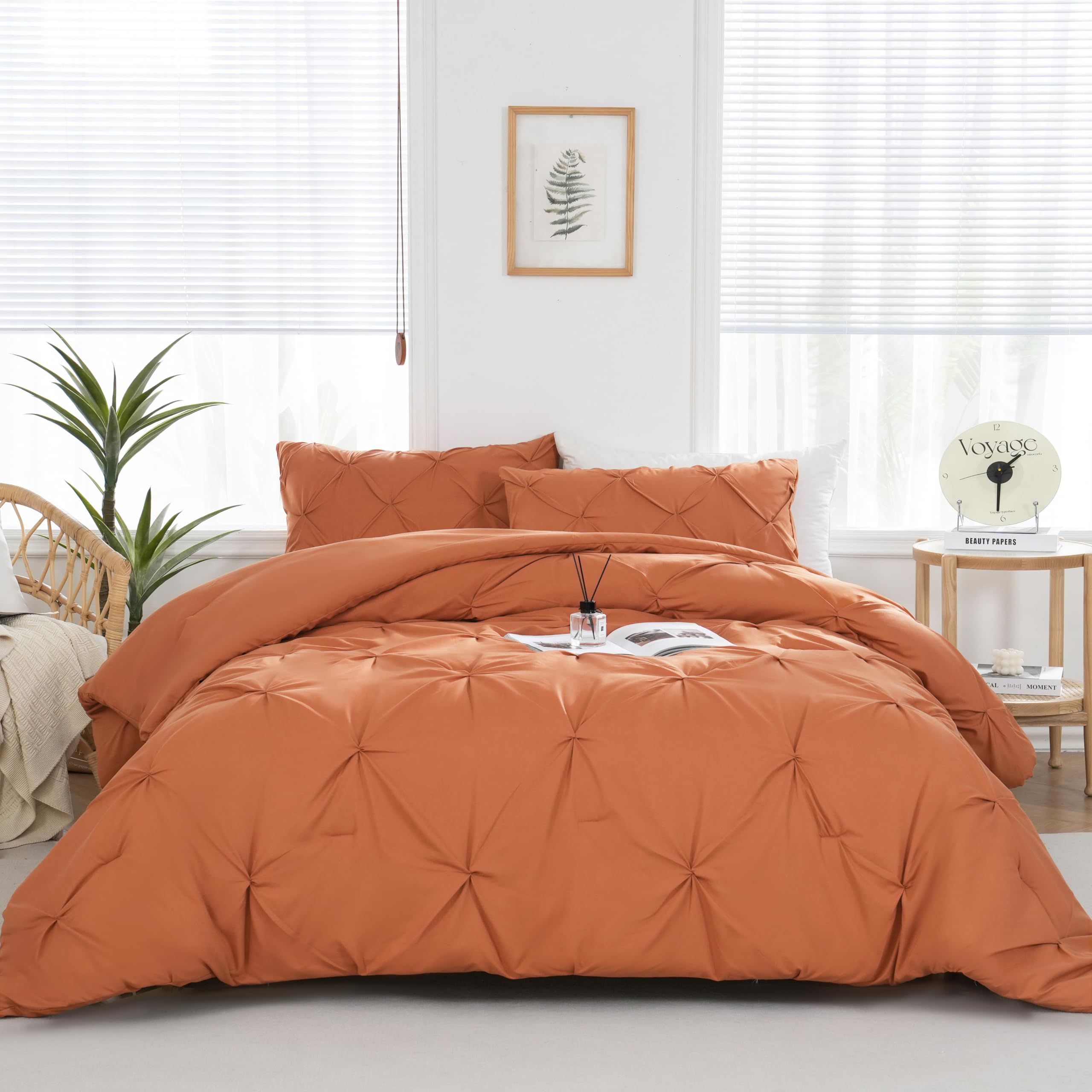 Downcool King Size Comforter Set - Burnt Orange Comforter King Size, 3 Pieces Pintuck Bedding Comforter Sets, Pinch Pleated Comf