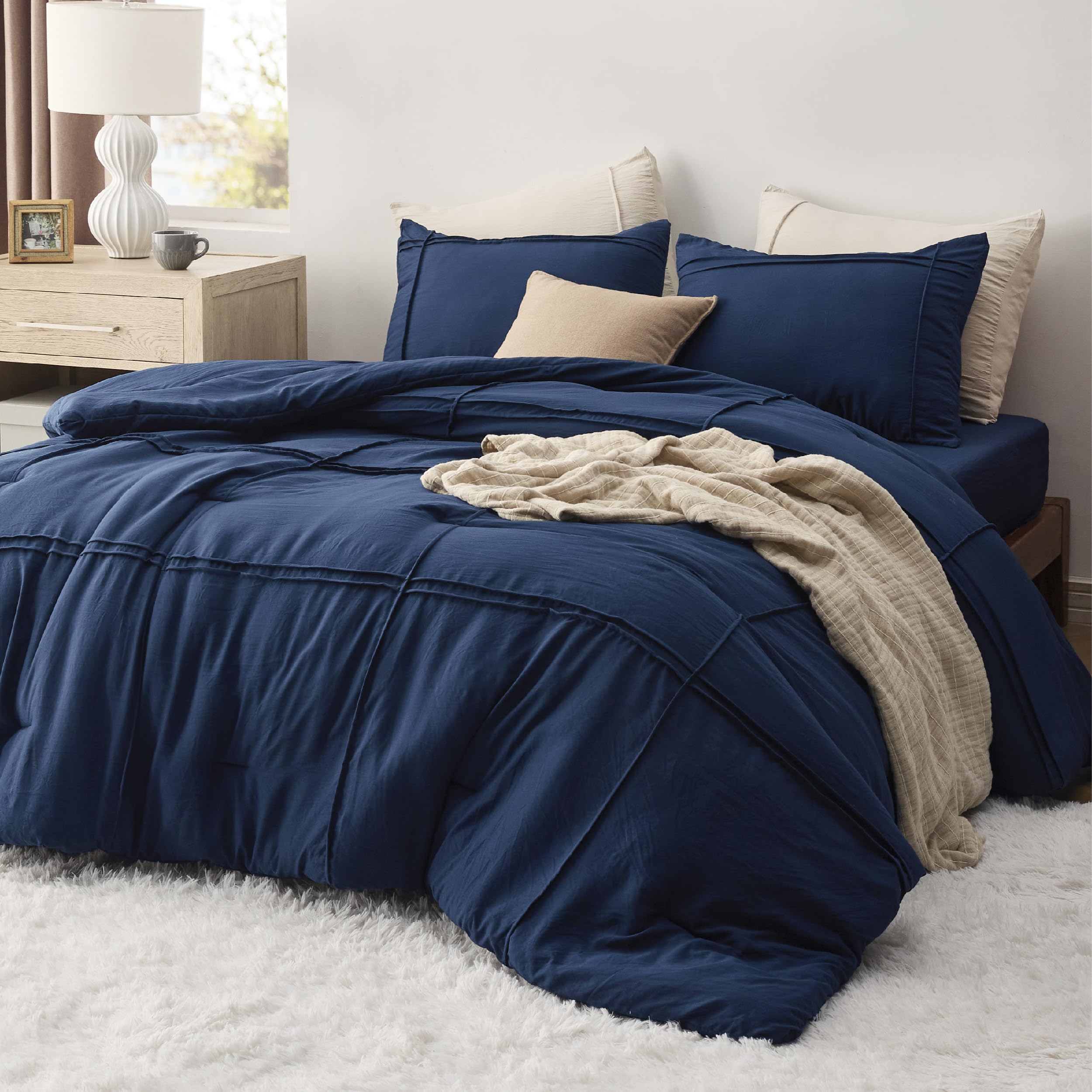 Bedsure California King Comforter Set With Sheet - 4 Pieces Soft Navy Blue Bedding, Grid Pinch Pleat, All Season Lightweight Fluffy Bed Set With Solid Boho Comforter, Pillowcases & Sheet