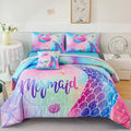 Rynghipy Mermaid Twin Girls Bedding Set, Colorful Rainbow Kids Girls Comforter Set With Sheets Soft And Lightweight, 6 Pieces Te