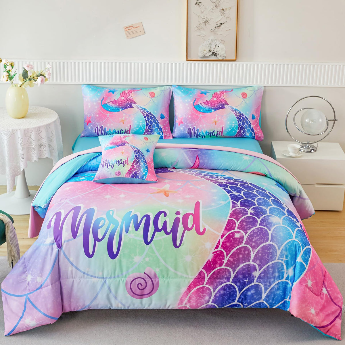 Rynghipy Mermaid Full Girls Bedding Set, Colorful Rainbow Kids Girls Comforter Set With Sheets Soft And Lightweight, 6 Pieces Te