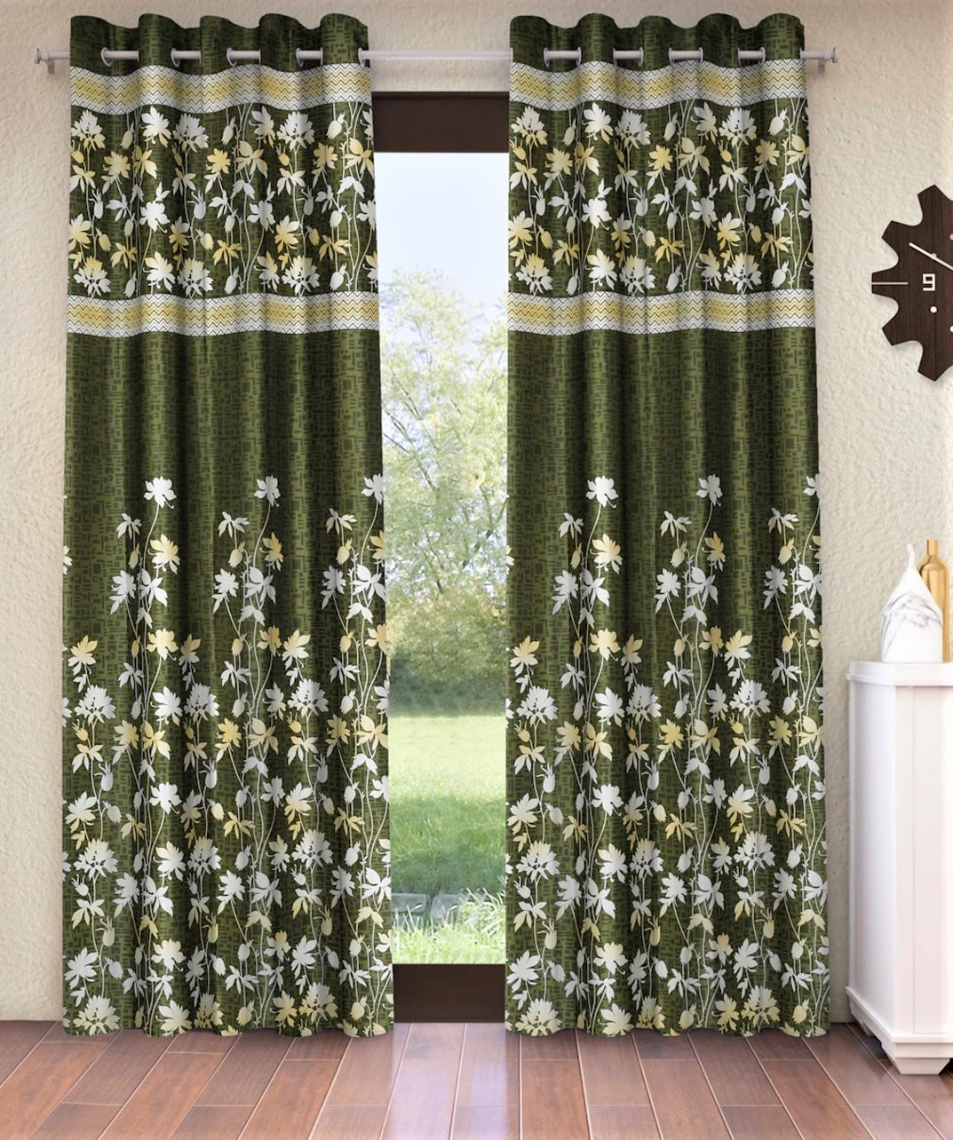 Home Sizzler 2 Piece Flower Border Panel Eyelet Polyester Window Curtains  5 Feet, Green
