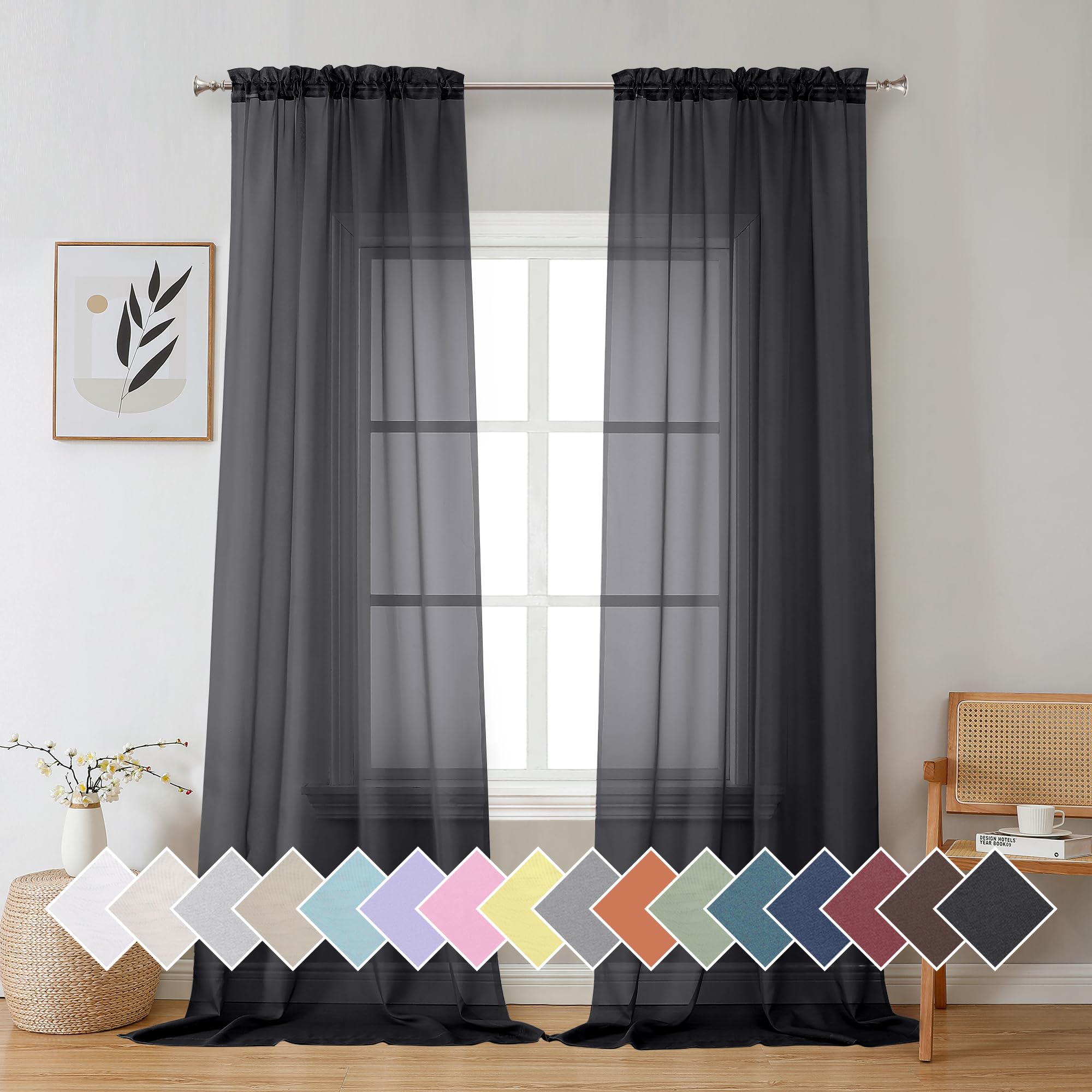 Aiyufeng Black Sheer Curtains 96' Long For Living Room Windows, Voile Sheer Casual Light Filtering Window Curtain Drapes For Be