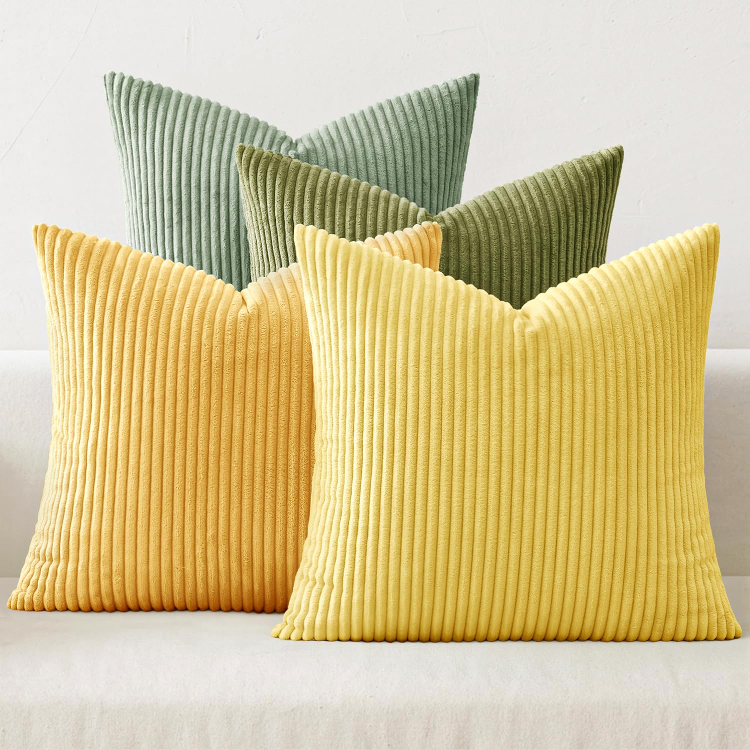 MIULEE Boho Farmhouse Yellow Green Throw Pillow Covers 18x18 Inch Set of 4 Mordern Nordic Cushion Covers Soft Corduroy Spring Ho