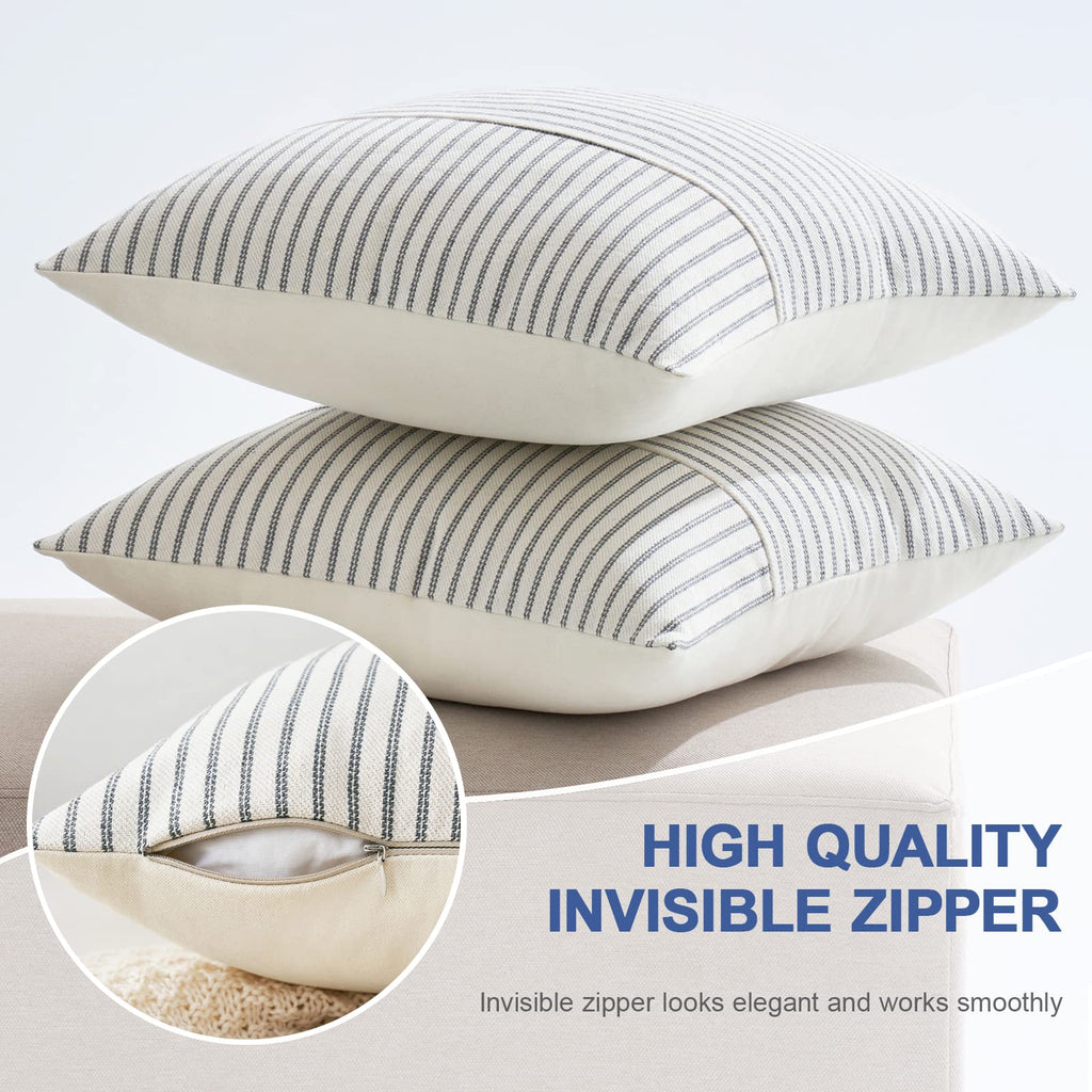 Miulee Grey And Beige Patchwork Farmhouse Pillow Covers 20X20 Inch, Pack Of 2 Striped Linen Decorative Modern Accent Pillow Cases For Sofa Couch Bedroom