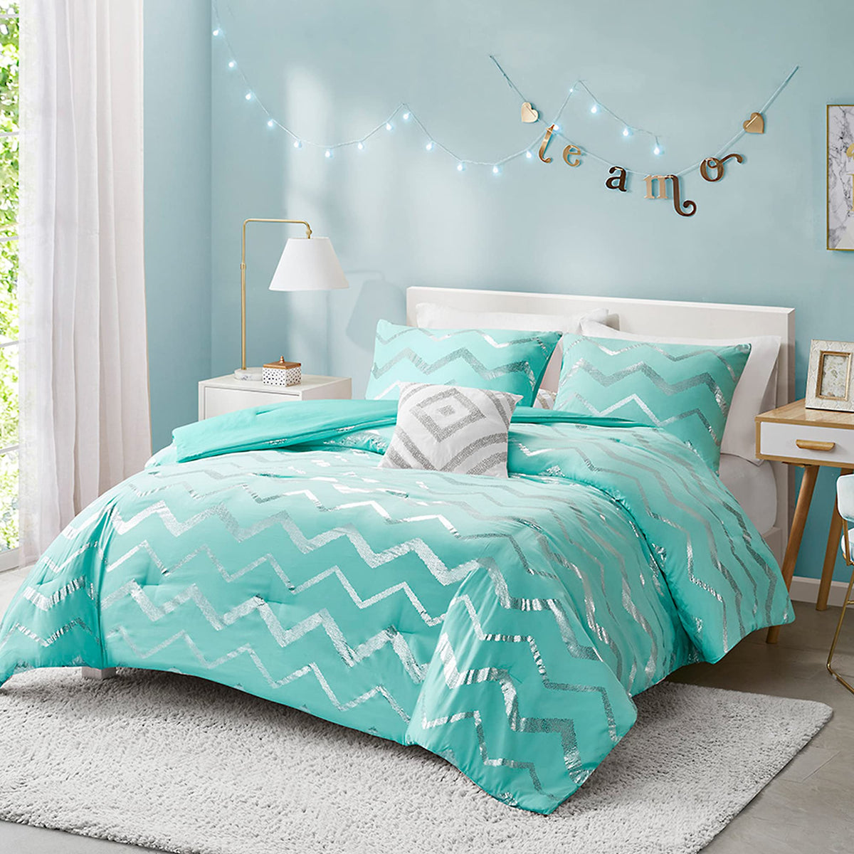Codi Metallic Teal And Silver Comforter Set, Twintwin-Xl Size, Cute Aqua Turquoise Bedding Sets, 3 Piece (1 Matching Sham + 1 De
