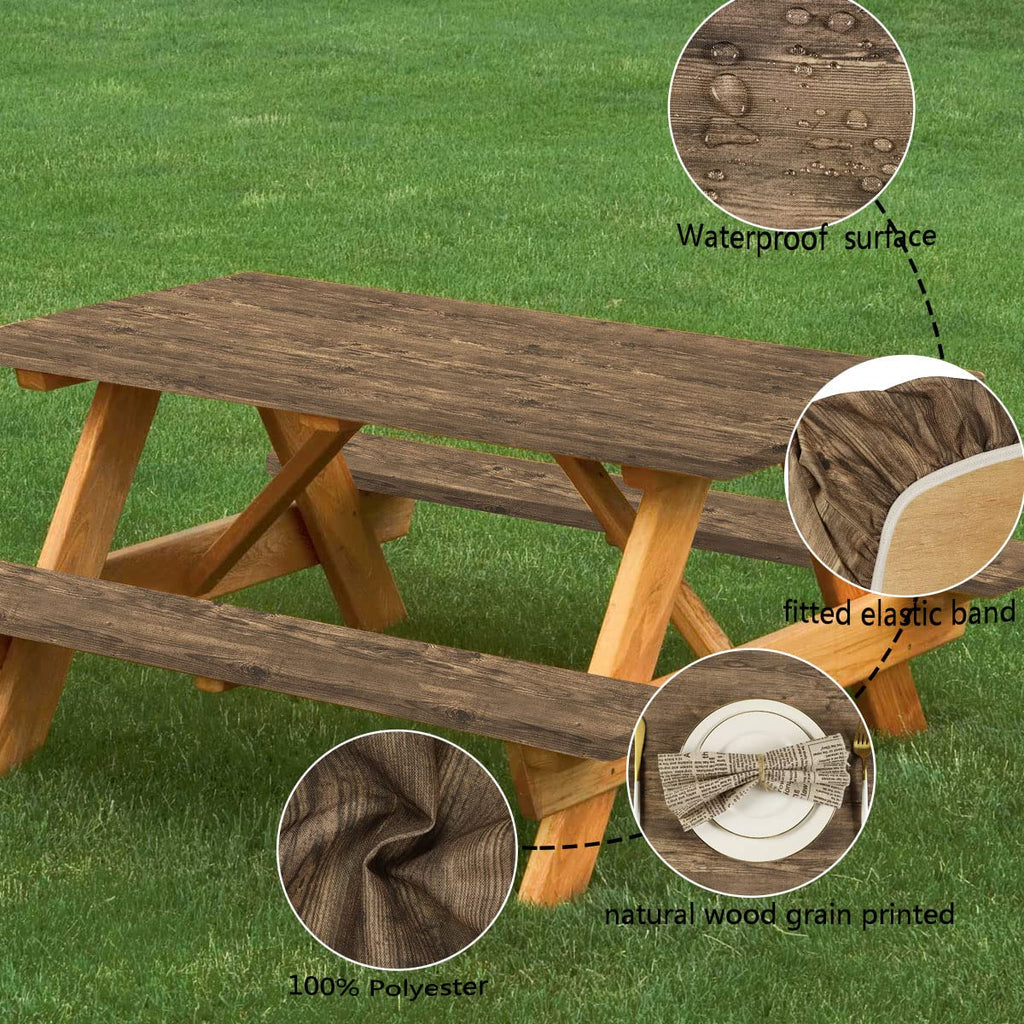 Famibay 3 Piece Picnic Table Cover And Bench Covers Waterproof Polyester Camping Table Cover With Elastic Washable Fitted Picnic Table Cover For Rectangle Tables(Wood Grain,12' X72'+30' X72')