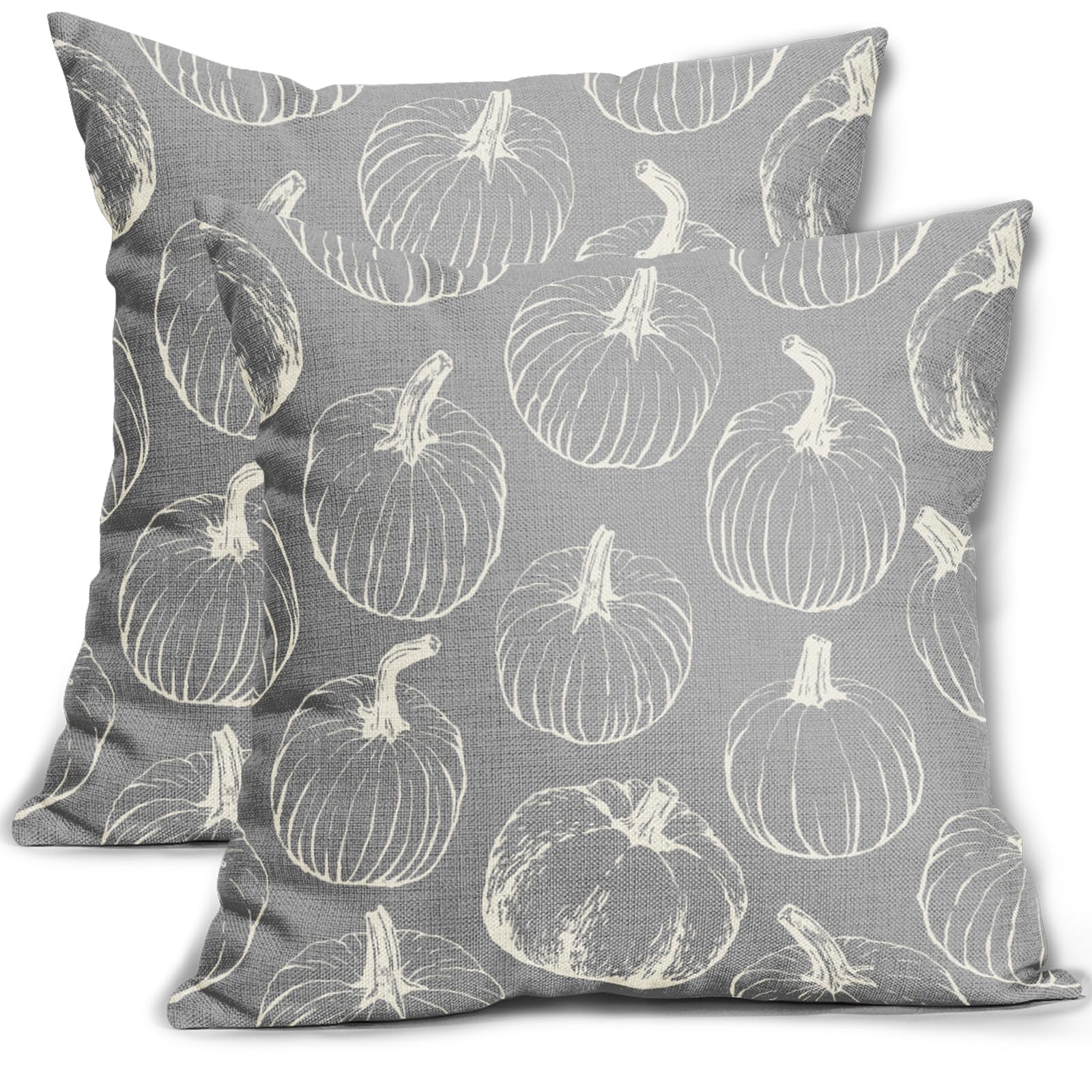Grey Gray Fall Pumpkin Pillow Covers 18X18 Set Of 2 Autumn Themed Thanksgiving Cream Print Decorative Throw Pillows Outdoor Pill