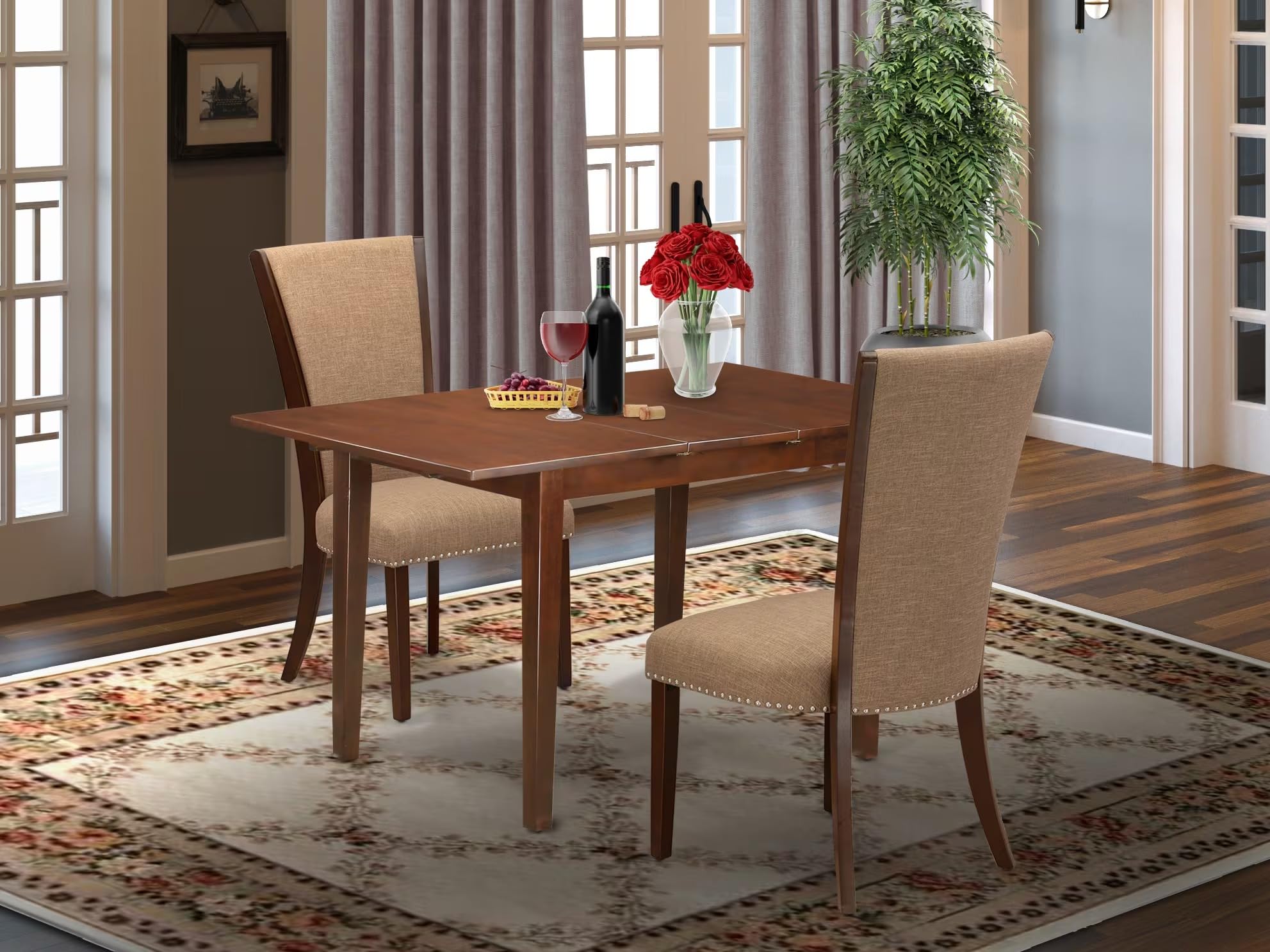 East West Furniture Psve3-Mah-47 3 Piece Kitchen Table Set Contains A Rectangle Dining Table With Butterfly Leaf And 2 Light Sable Linen Fabric Upholstered Chairs, 32X60 Inch, Mahogany