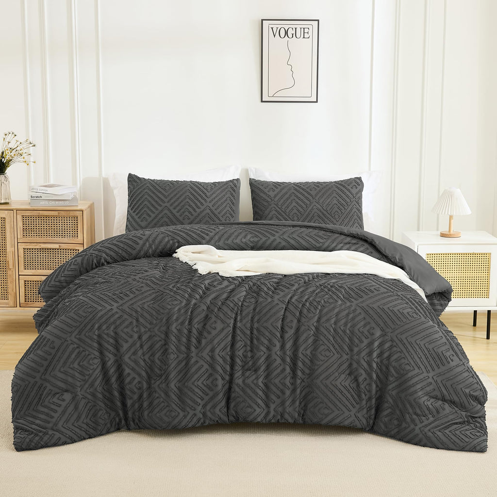 Andency Dark Grey Comforter Set Queen, Gray Lightweight Fluffy Bedding Comforter Sets For Queen Bed, 3 Pieces Tufted Farmhouse S