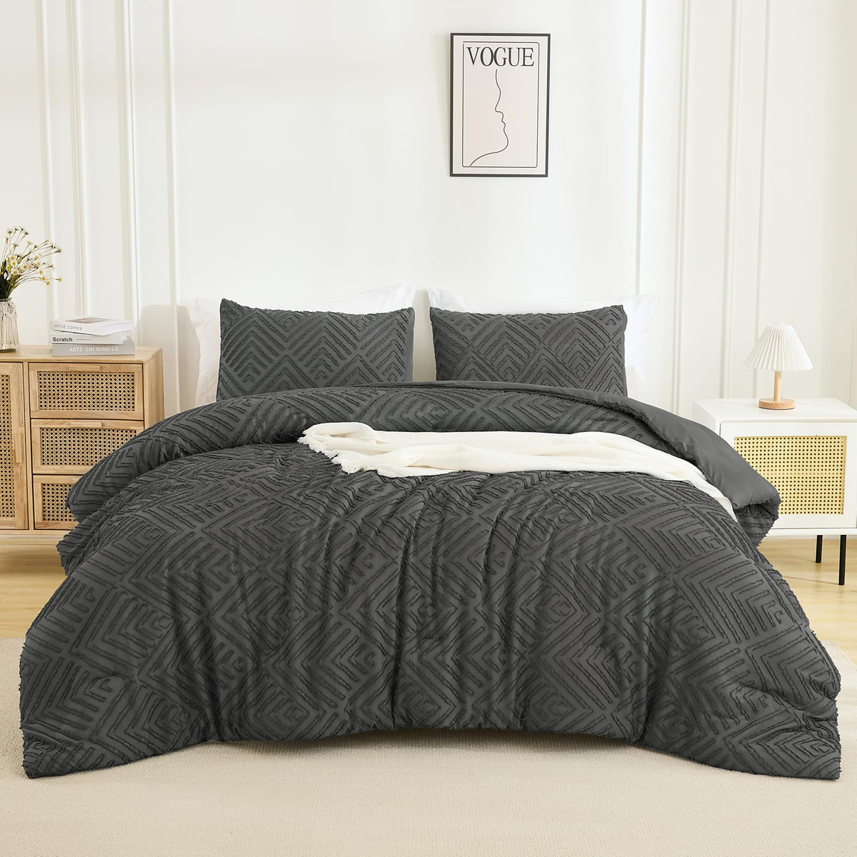 Andency Dark Grey Comforter Set Queen, Gray Lightweight Fluffy Bedding Comforter Sets For Queen Bed, 3 Pieces Tufted Farmhouse S