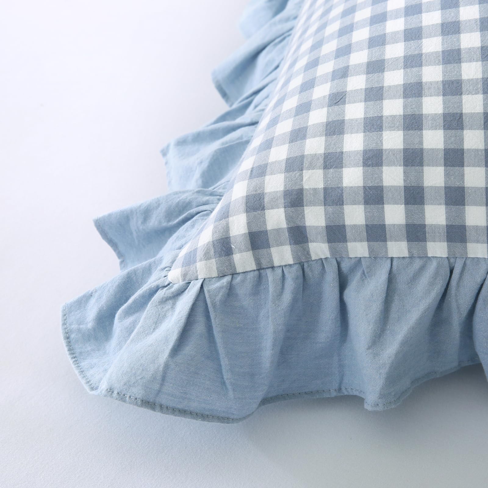 Mywinlle Dusty Blue Plaid Ruffle Throw Pillow Covers For Couch 20''X20'',2 Pack Vintage Checkered Washed Cotton Pillow Cases For