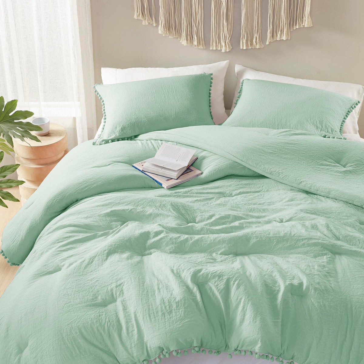 Codi Sage Green Boho King Bedding Set, Aesthetic Luxurious Pom Fringe Design Comforter, Cute Soft Washed Microfiber Bed Sets, Li