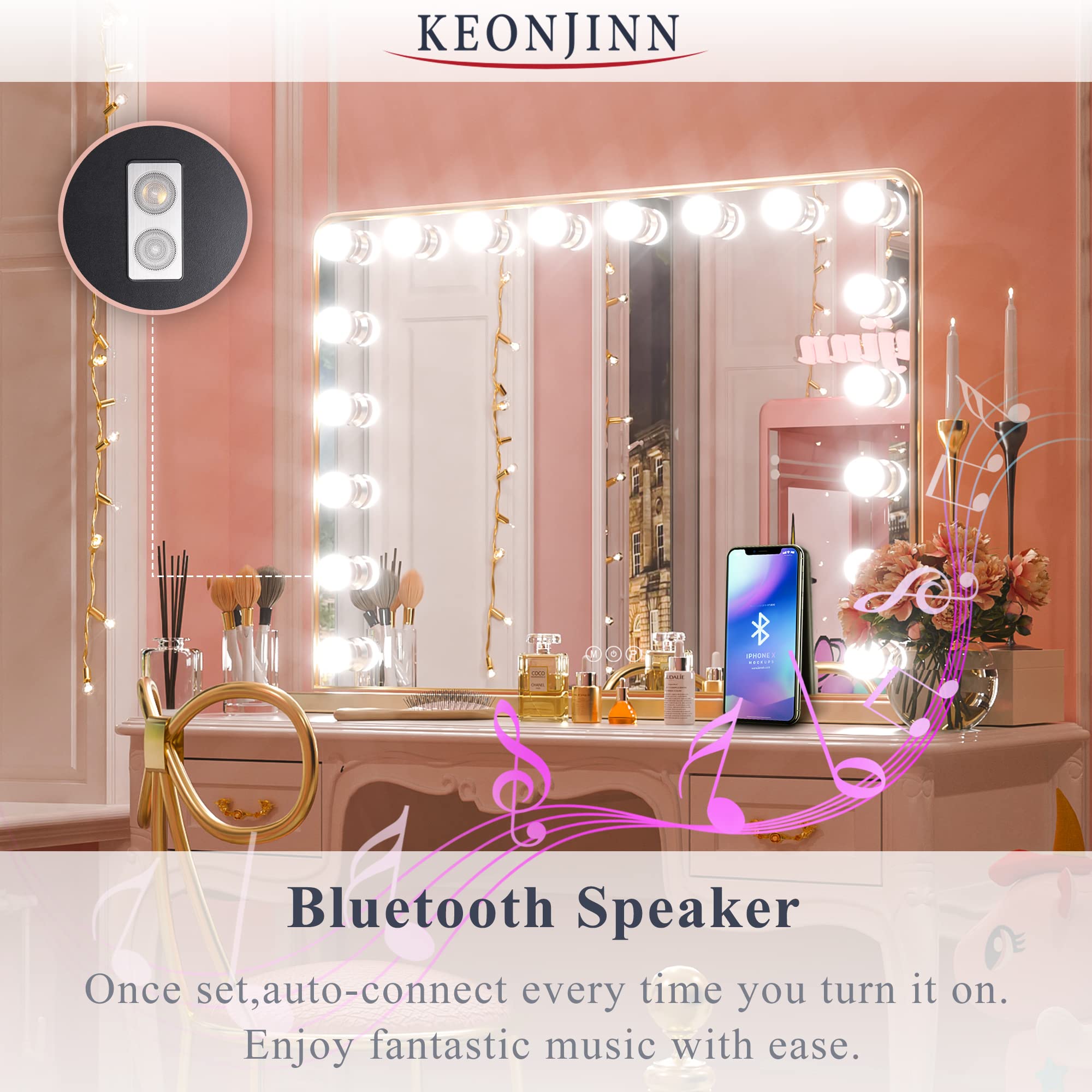Keonjinn Gold Vanity Mirror With Lights, 15 Replaceable Bulbs Hollywood Makeup Mirror With 2 Replacement Bulbs, 3 Color Lights,