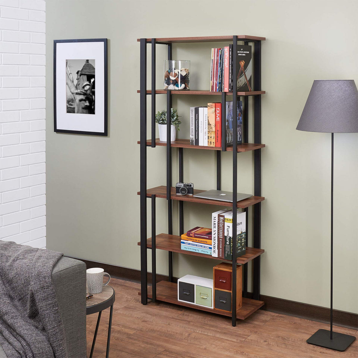 HomeRoots 32' X 13' X 70' Walnut & Sandy Black Wood Bookshelf