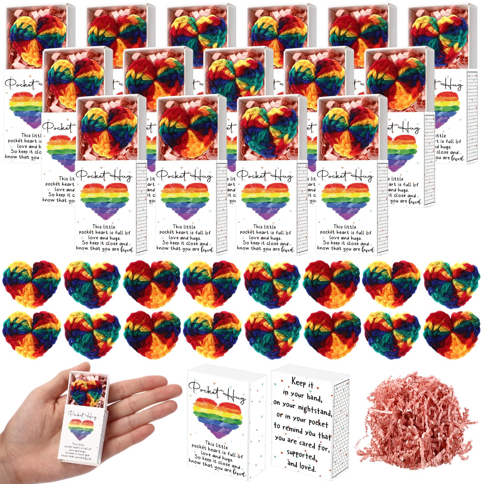 Wettarn 21 Sets Valentine'S Day Pocket Hug Gifts Bulk 21 Hand Crochet Mini Rainbow Pride Heart With 21 Greeting Box Long Distanc