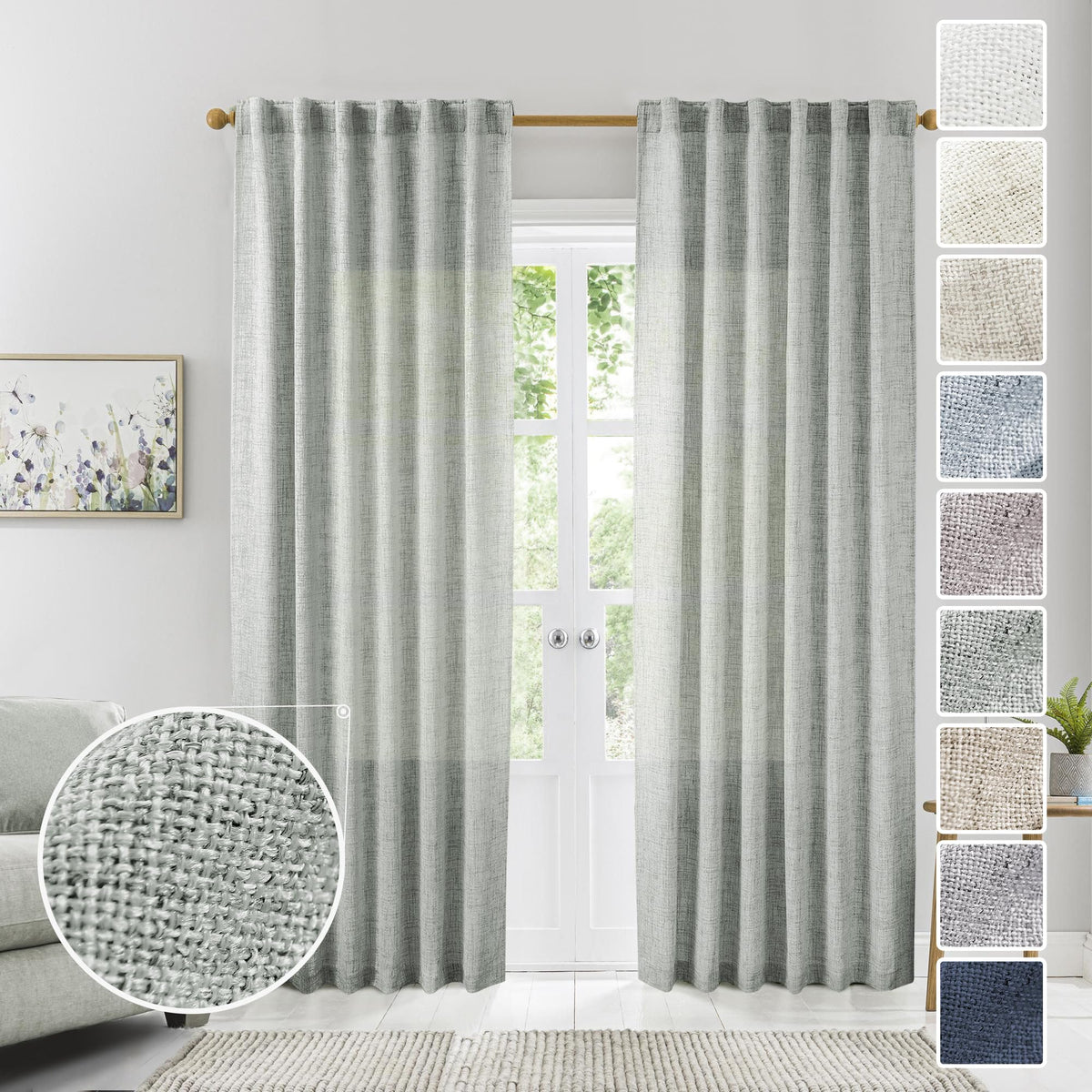 MEETBILY Grey Green Linen Curtains 96 Inches Long 2 Panels, Natural Linen Blended Farmhouse Curtains Drapes for Living Room, Mod