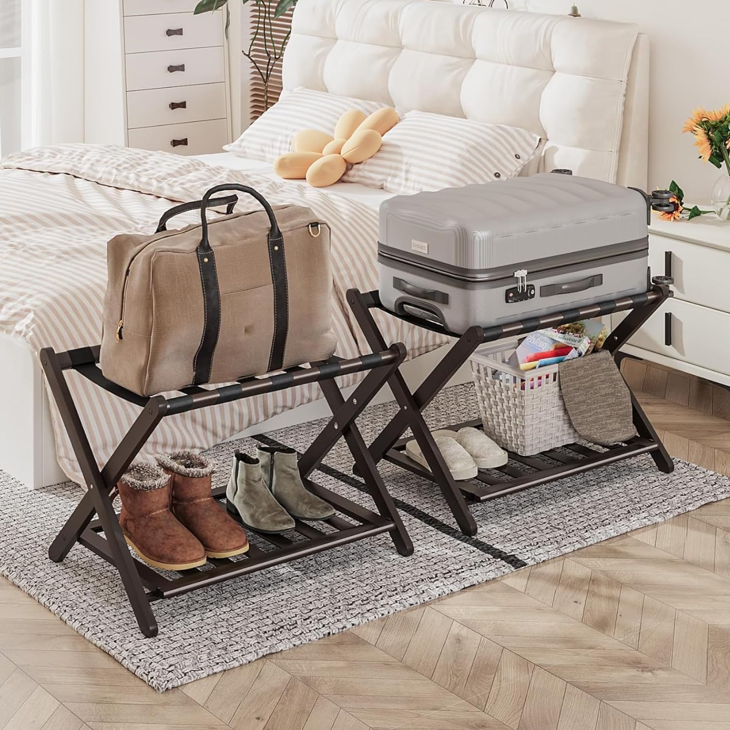 Smart FENDEE 2 Packs Fully Assembled Brown Bamboo Luggage Racks, 5 Straps Folding Suitcase Stand with Shoe Shelf, Heavy Duty, Ho