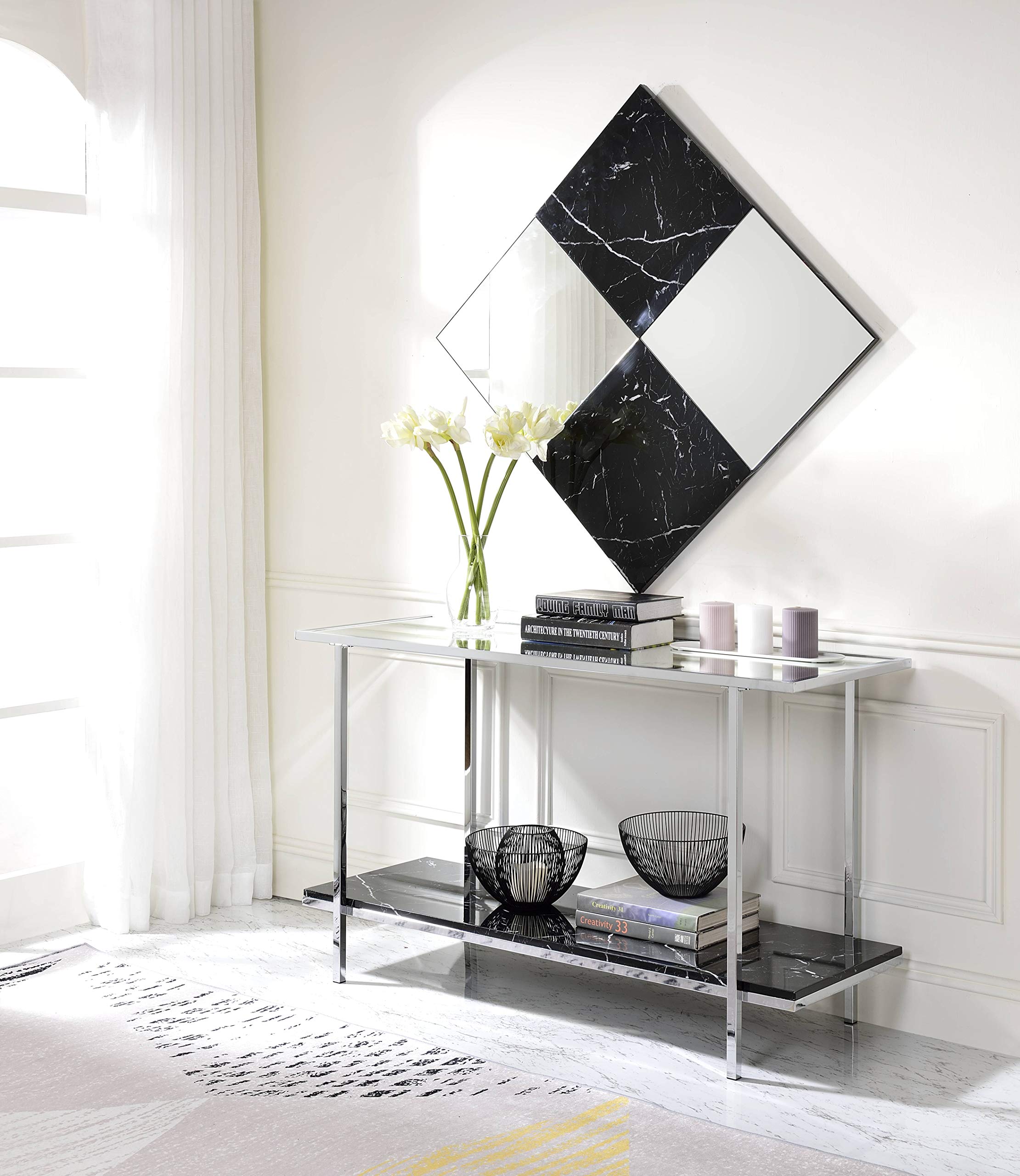 Acme Angwin Metal Frame Console Table In Mirrored And Faux Marble And Chrome