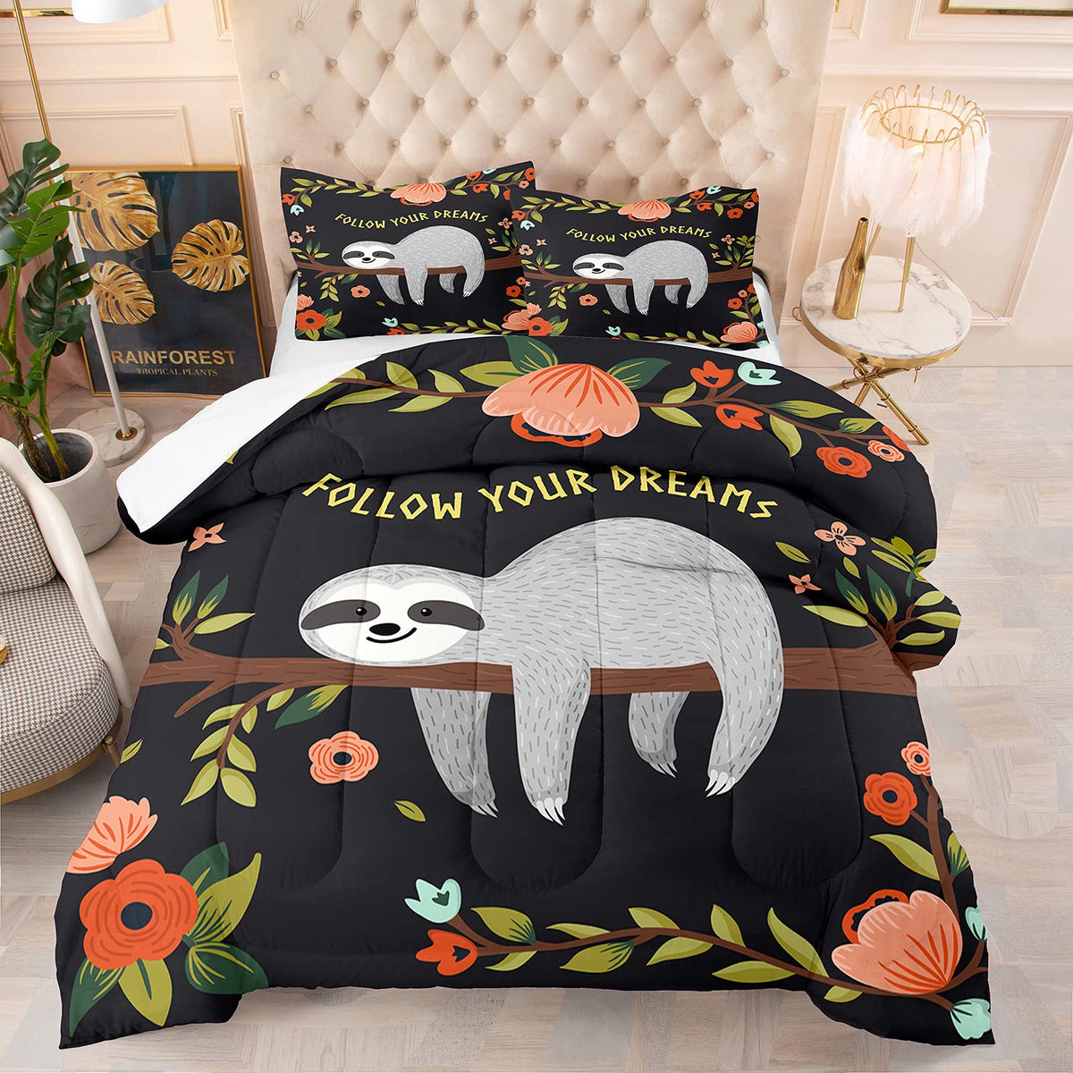 Ninenine Sloth Comforter Bedding Set Twin For Boys Girls, 3D Cute Sloth In Energy Saving Mode By Huging Trees Sleeping Bedding S