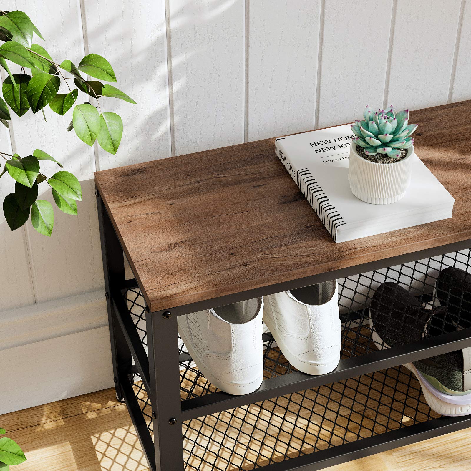 Vasagle 3-Tier Shoe Rack, 11.8 X 28.7 X 17.7 Inches, Hazelnut Brown And Black, Metal Mesh Shelves And Seat, Free Standing Shoe Organizer For Entryway