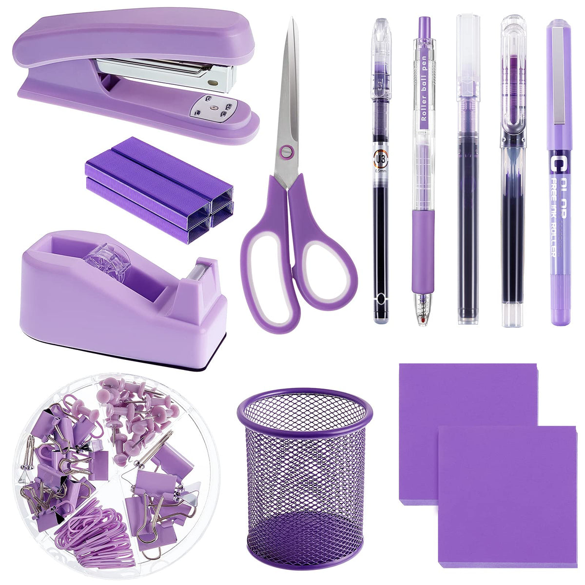 Gueevin 12 Pcs Purple Office Supplies Purple Desk Accessories Purple Stapler With Staples Tape Dispenser Pen Holder Box Of Paper