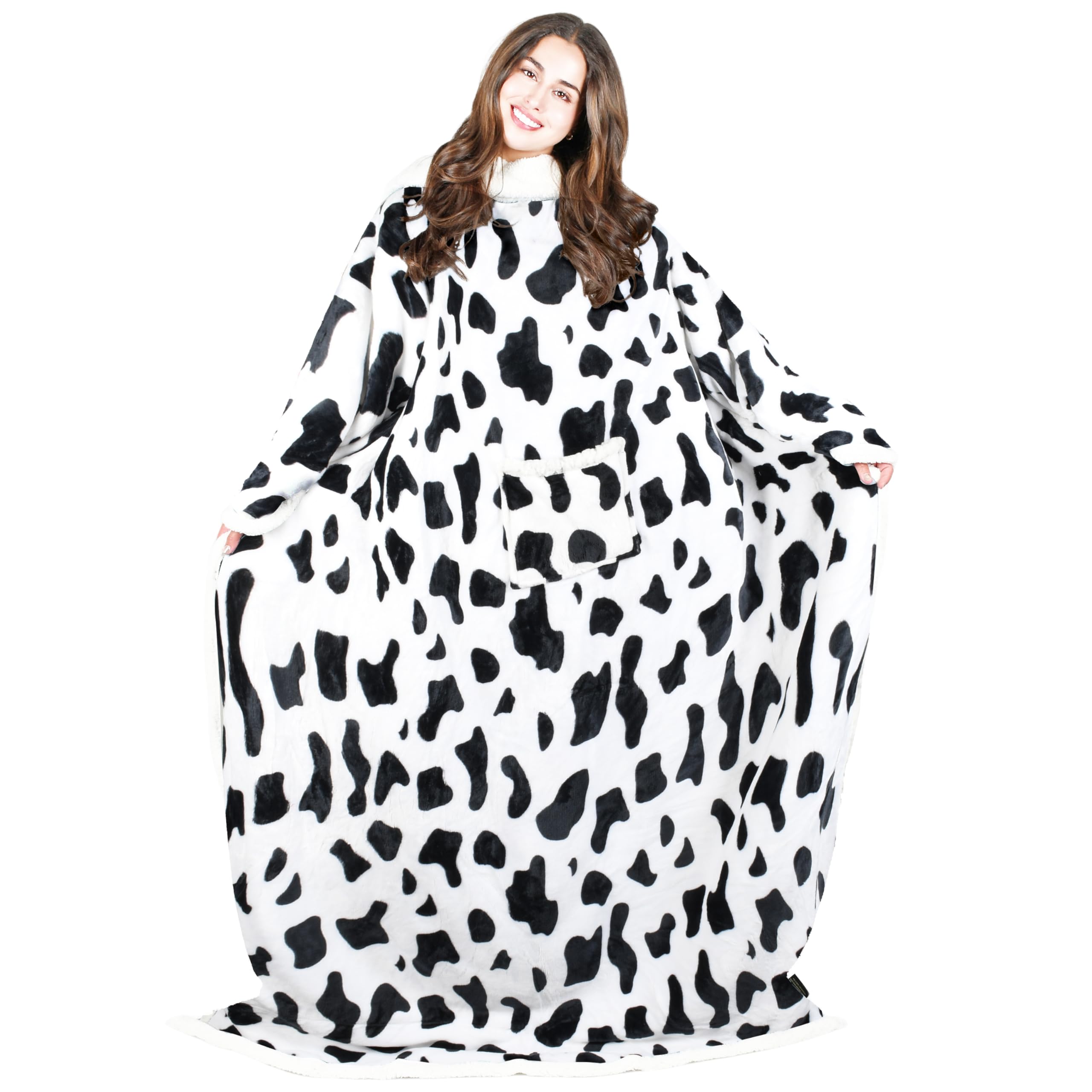 Tirrinia Cow Print Sherpa Wearable Blanket For Adult Women And Men, Super Soft Comfy Warm Plush Throw With Sleeves Tv Blanket Wr
