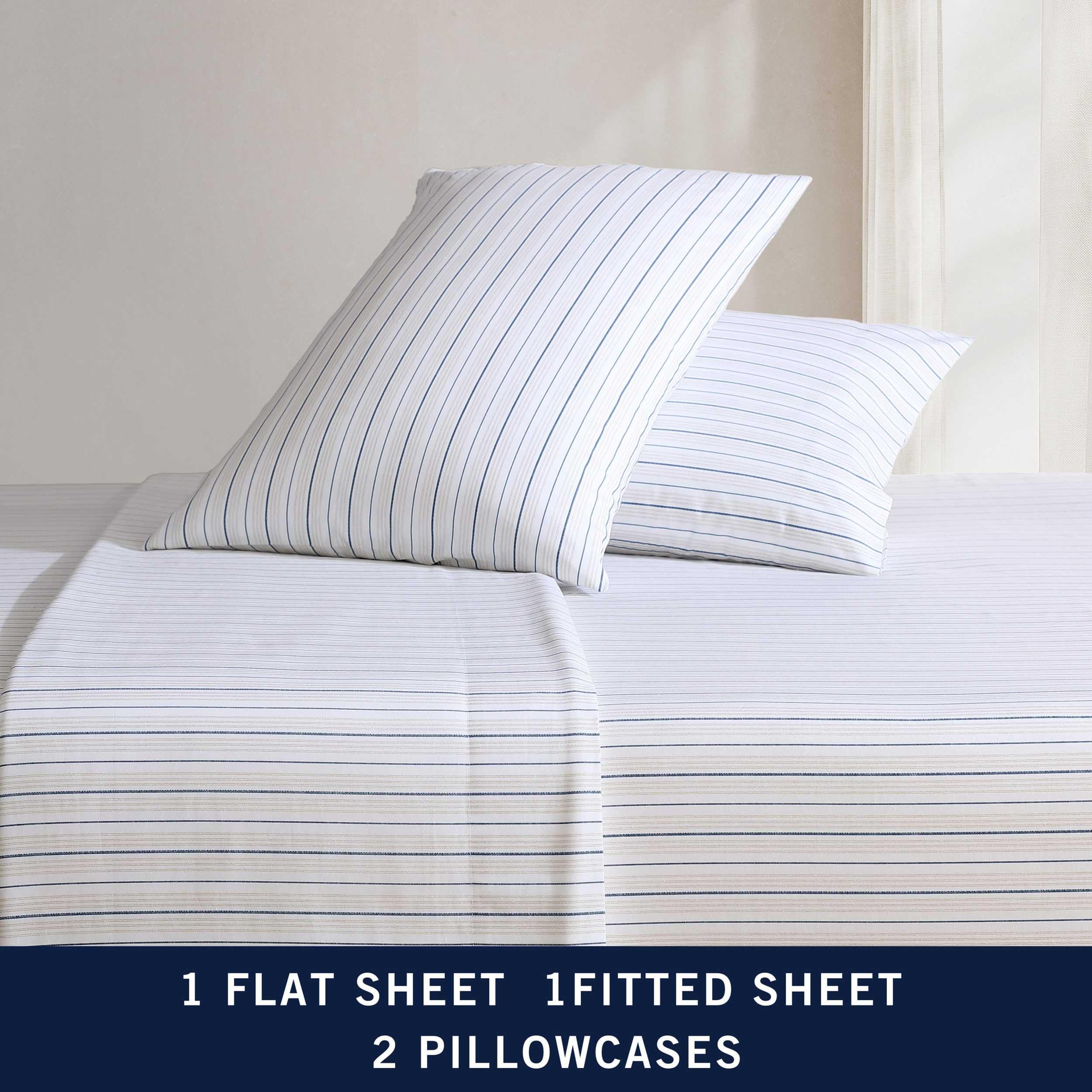 Nautica - King Sheets, Premium Cotton Percale Bedding Set, Striped Bedding Set, Oeko-Tex Certified (Beaux Stripe Blue, King)