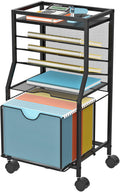 Bohdk Rolling File Cart, 6-Tier Under Desk Organizer On Lockable Wheels, Black Wood Planks & Mesh File Cart With Sliding Drawer