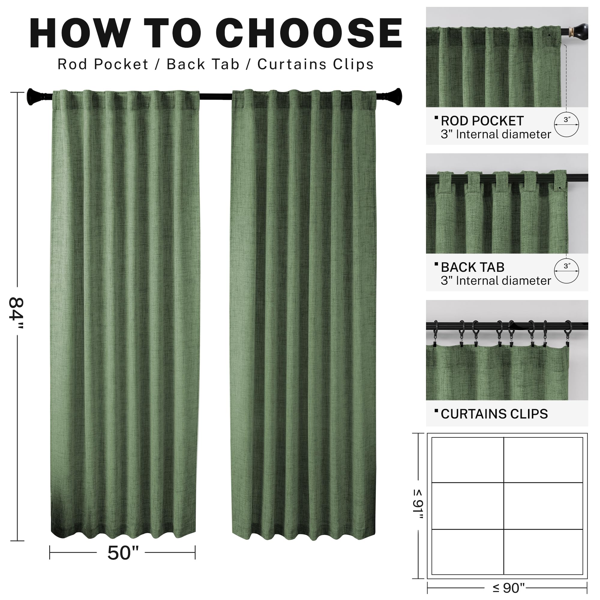 Olive Green Linen Curtains 84 Inch Length For Living Room 2 Panels Back Tab Light Filtering Boho Forest Hunter Green Semi Sheer