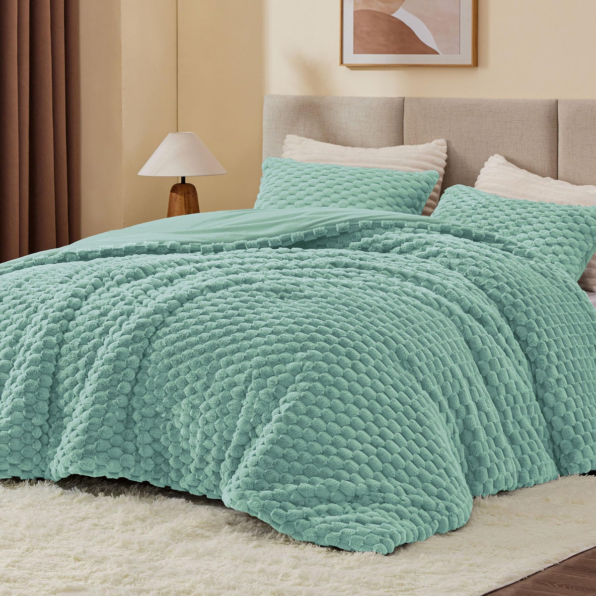 Bedelite Fluffy Queen Comforter Set - Haze Blue Fleece Soft Comforter For Queen Size Bed, Luxury Warm Bedding Set For Winter, Fu