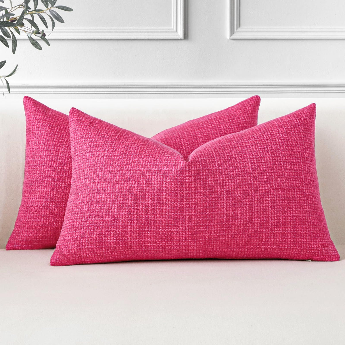 OTOSTAR Pack of 2 Throw Pillow Covers 12x20 Inch Linen Hot Pink Pillowcases Farmhouse Decorative Solid Pillow Covers 30x50 cm Lu