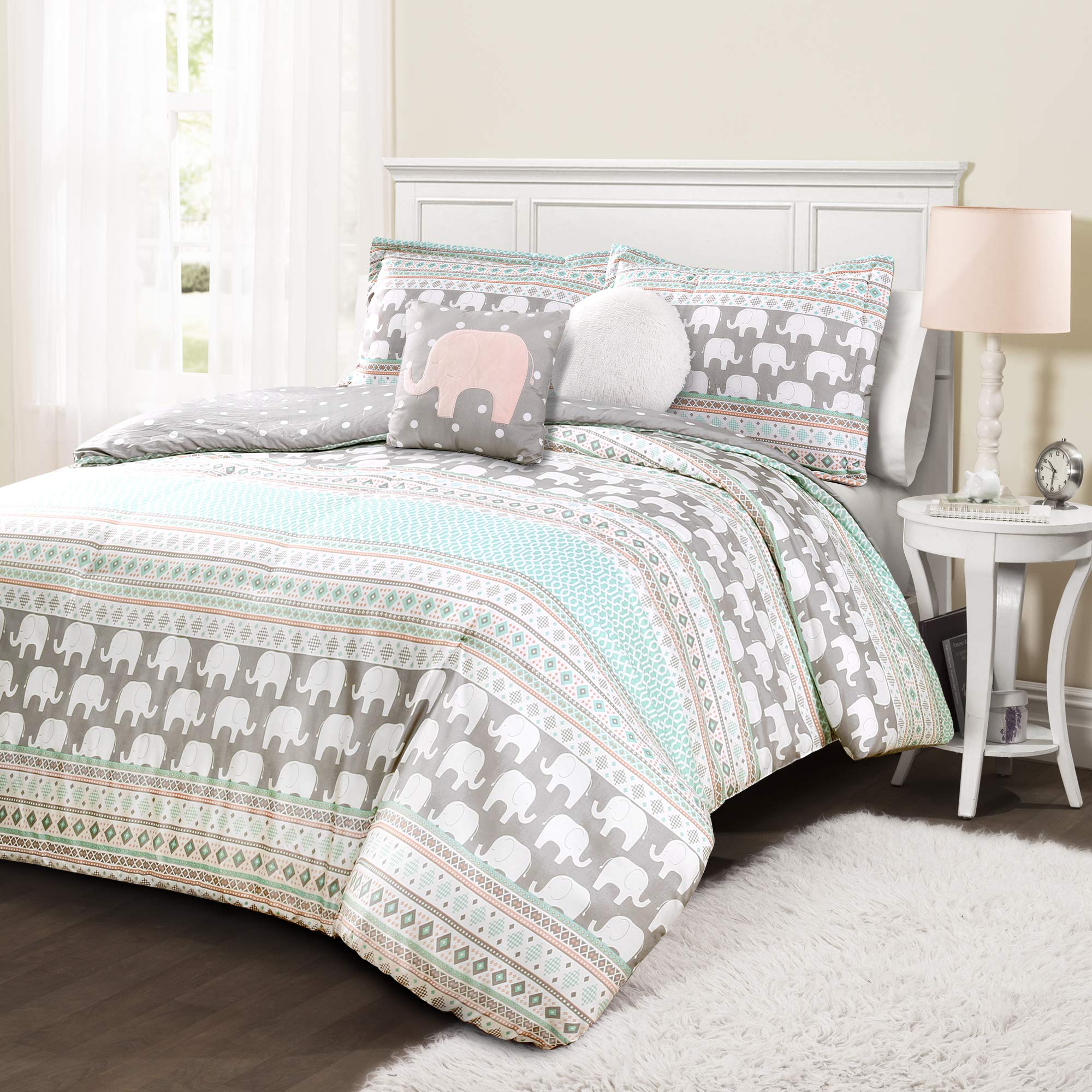 Lush Decor Pink-And-Turquoise Elephant Striped 5-Piece Comforter Bed Set, Full/Queen