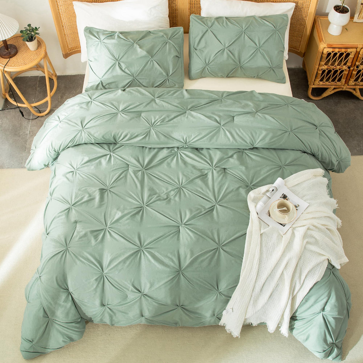Andency Sage Green Comforter Queen Size, 3 Pieces Western Cute Pintuck Bedding Comforters & Sets For Queen Bed, All Season Solid
